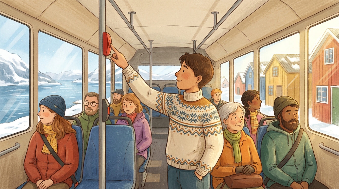 Passasjer som trykker på stoppknappen inne i bussen