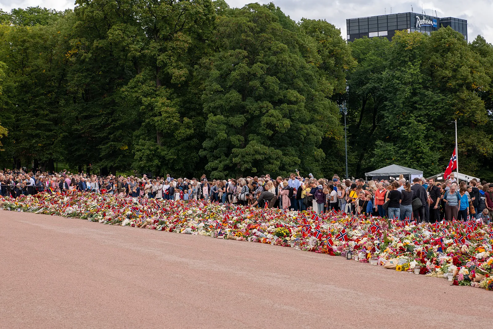 Et langt hav av blomster og små norske flagg på Slottsplassen i Oslo. Mange mennesker står stille langs blomstene, og et flagg henger på halv stang.