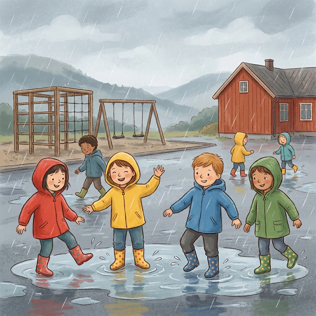 Barn i regnjakker og støvler leker ute i friminuttet i regnvær